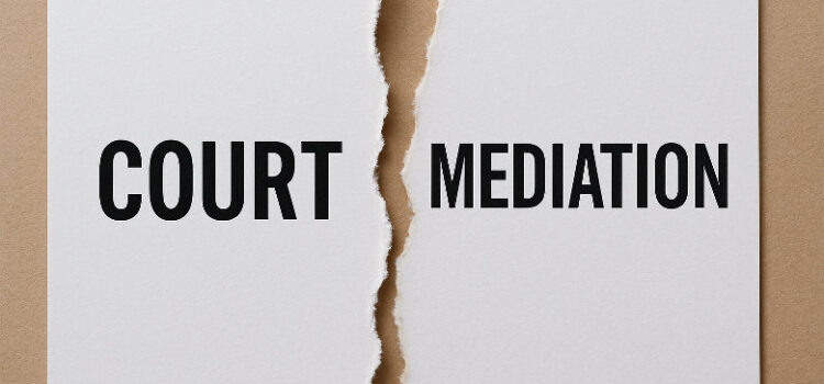 Paper torn between “Court” and “Mediation” File Name: divorce-court-vs-mediation.jpg Alt Tag: Visual comparison between traditional divorce court and mediation as alternative dispute resolution options